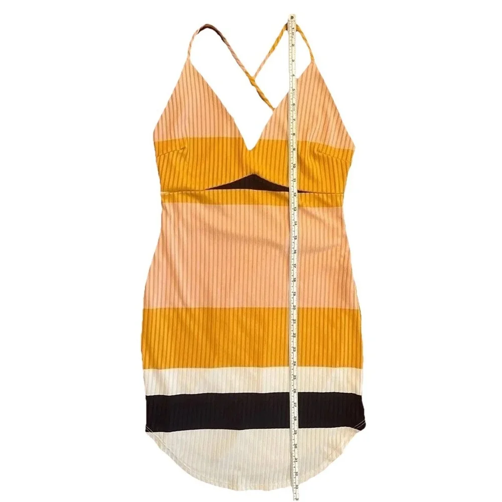 Privy Striped Bodycon Mini Dress Orange‎ Peach Cutout V-Neck Ribbed Size M